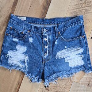 Women's Levi 501 High Waisted Button Fly Cutt Off Denim Shorts Size 28